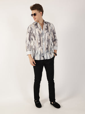 Thomas Scott Men Grey Premium Slim Fit Opaque Printed Casual Shirt