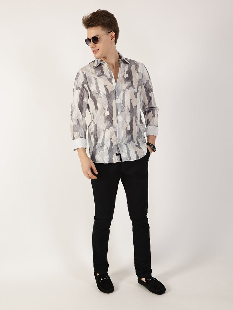 Thomas Scott Men Grey Premium Slim Fit Opaque Printed Casual Shirt