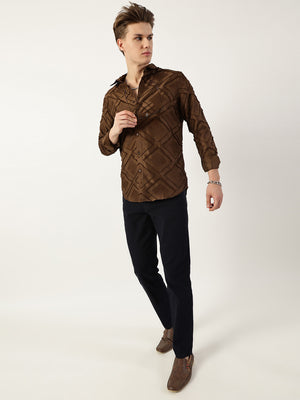 Thomas Scott Men Brown Premium Spread Collar Graphic Printed Slim Fit Casual Shirt
