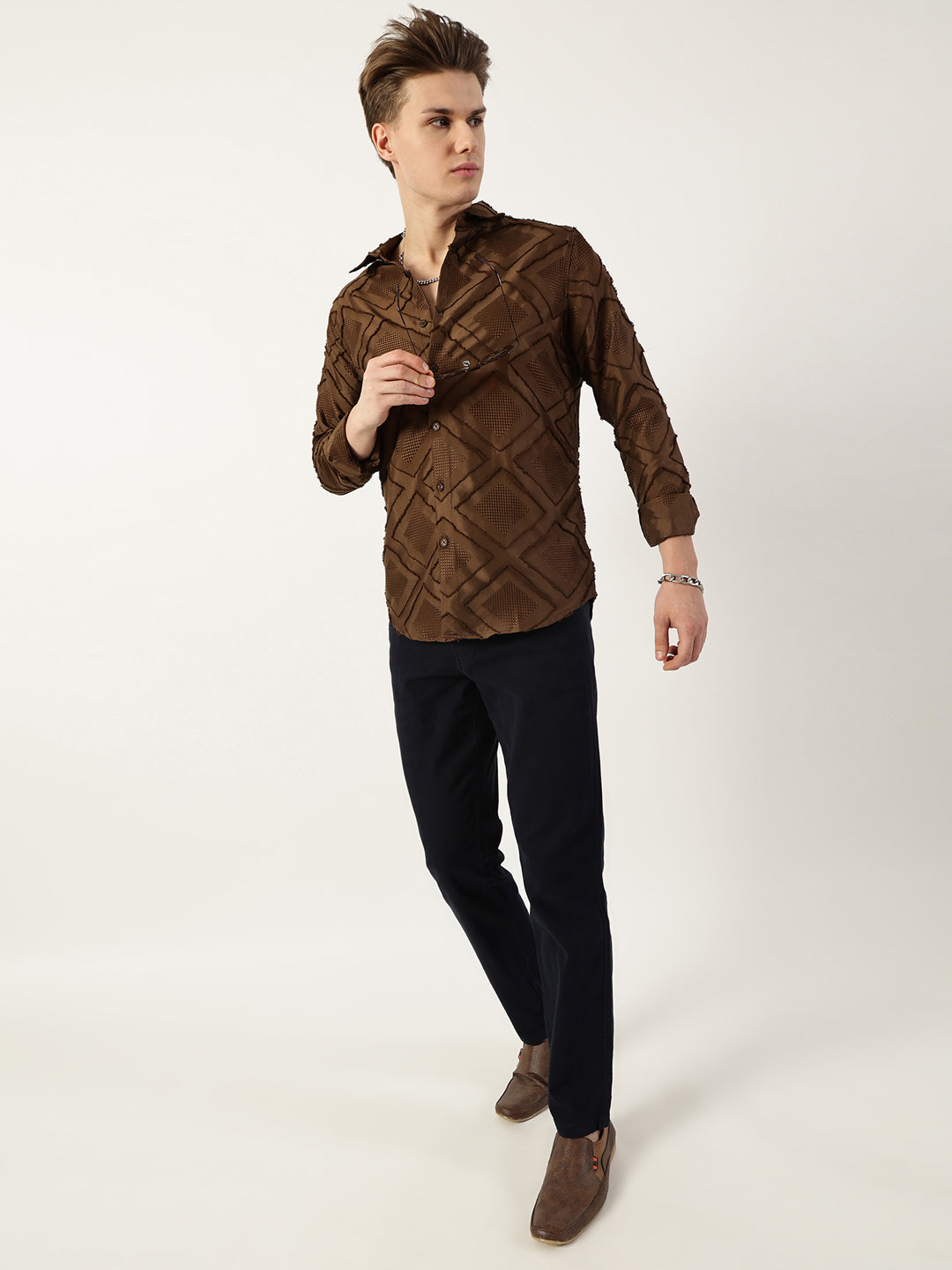 Thomas Scott Men Brown Premium Spread Collar Graphic Printed Slim Fit Casual Shirt