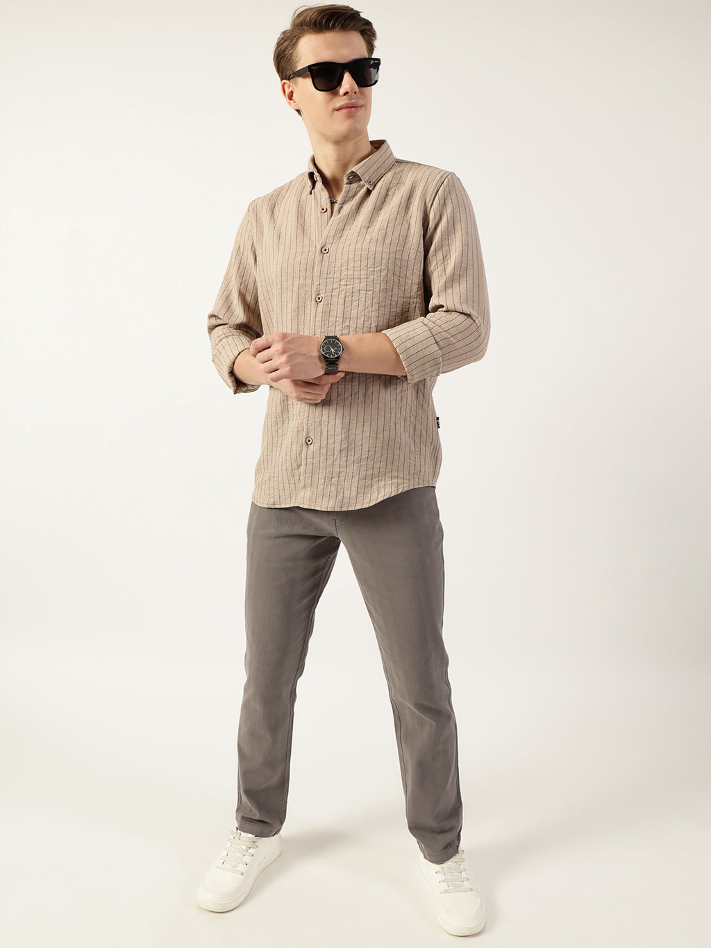 Thomas Scott Men Beige Premium Spread Collar Vertical Striped Slim Fit Casual Shirt