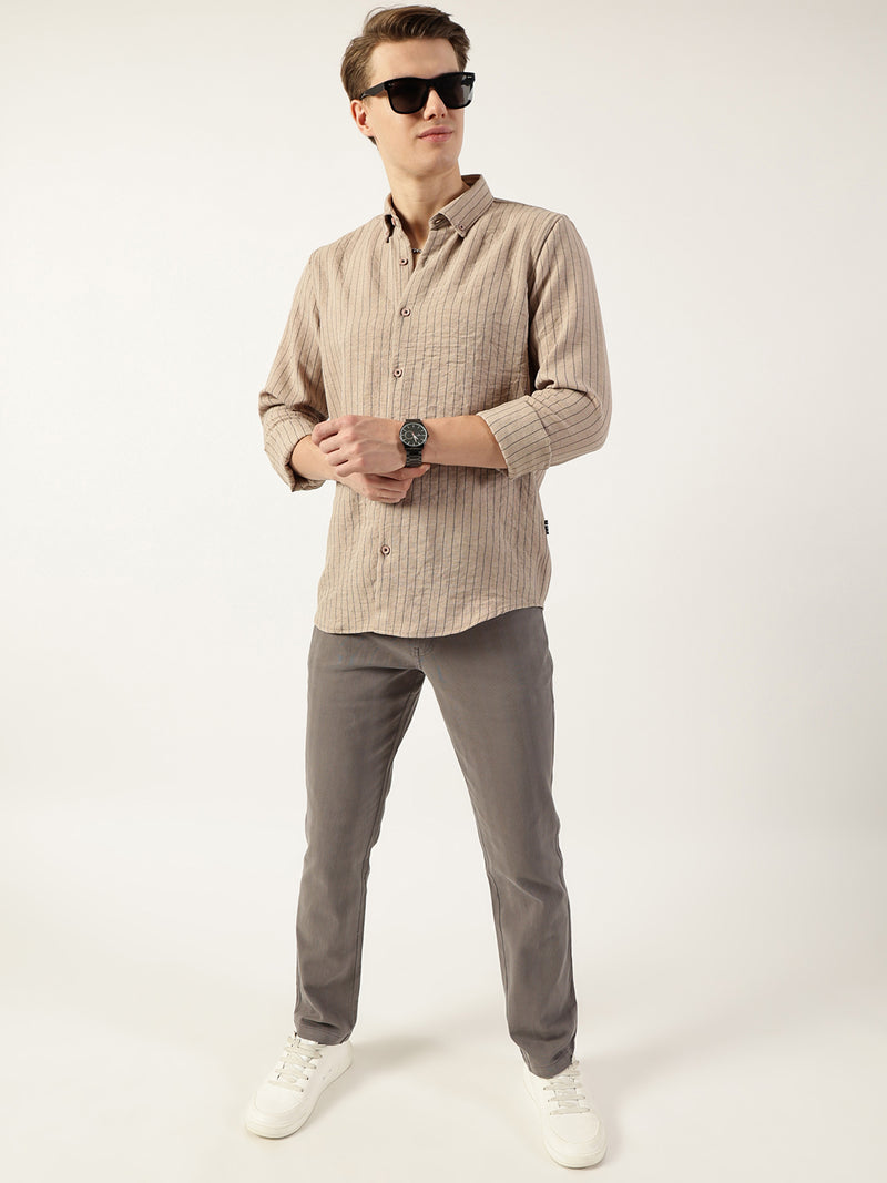 Thomas Scott Men Beige Premium Spread Collar Vertical Striped Slim Fit Casual Shirt