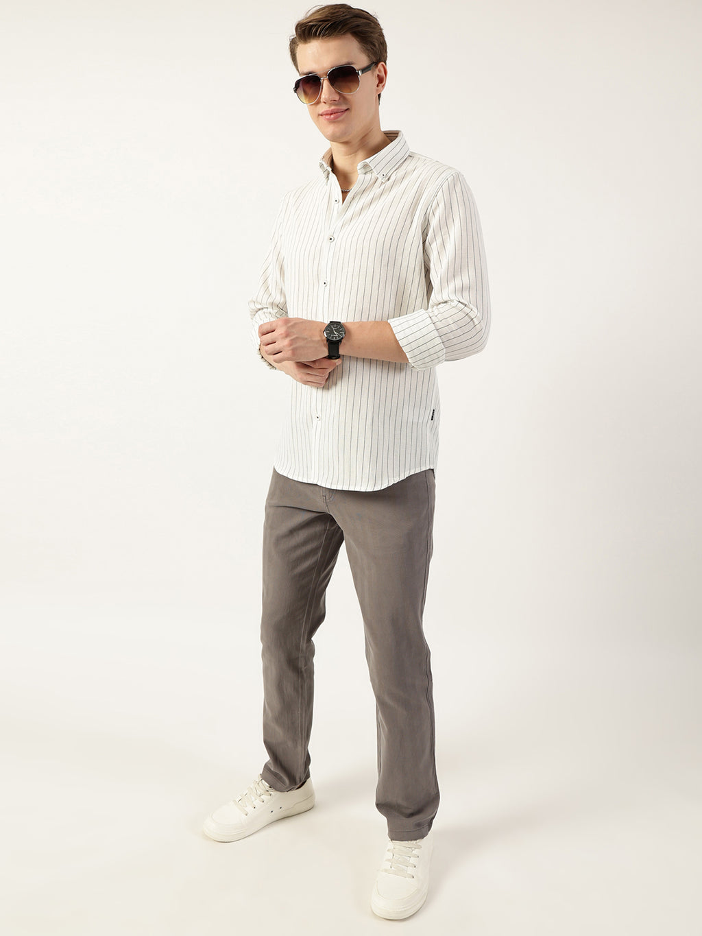 Thomas Scott Men White Premium Spread Collar Vertical Striped Slim Fit Casual Shirt