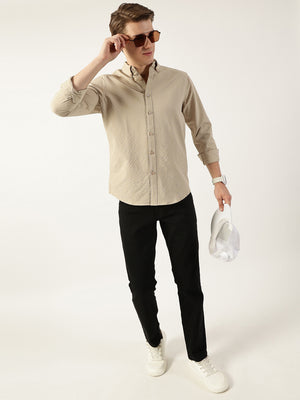 Thomas Scott Men Beige Smart Button-Down Collar Textured Solid Slim Fit Casual Shirt