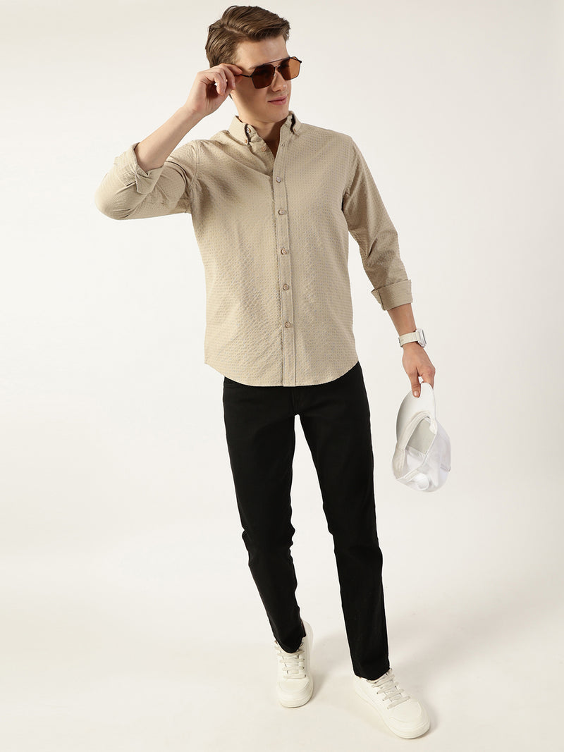Thomas Scott Men Beige Smart Button-Down Collar Textured Solid Slim Fit Casual Shirt