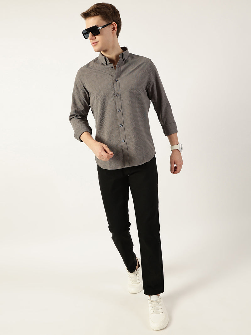 Thomas Scott Men Grey Smart Button-Down Collar Textured Slim Fit Casual Shirt