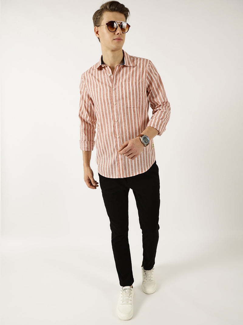 Thomas Scott Men Rust Classic Slim Fit Opaque Striped Casual Shirt