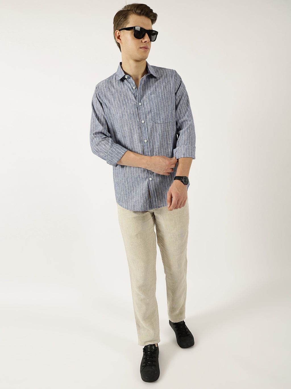 Thomas Scott Men Navy Classic Slim Fit Opaque Striped Casual Shirt