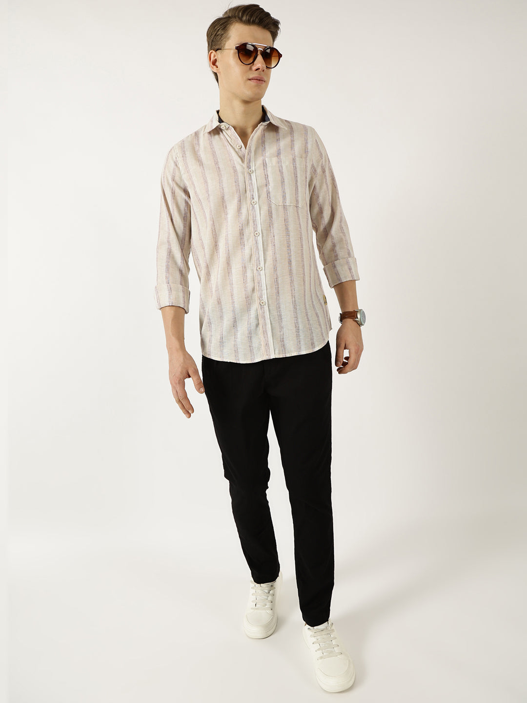 Thomas Scott Men Khaki Classic Spread Collar Vertical Striped Linen Slim Fit Casual Shirt