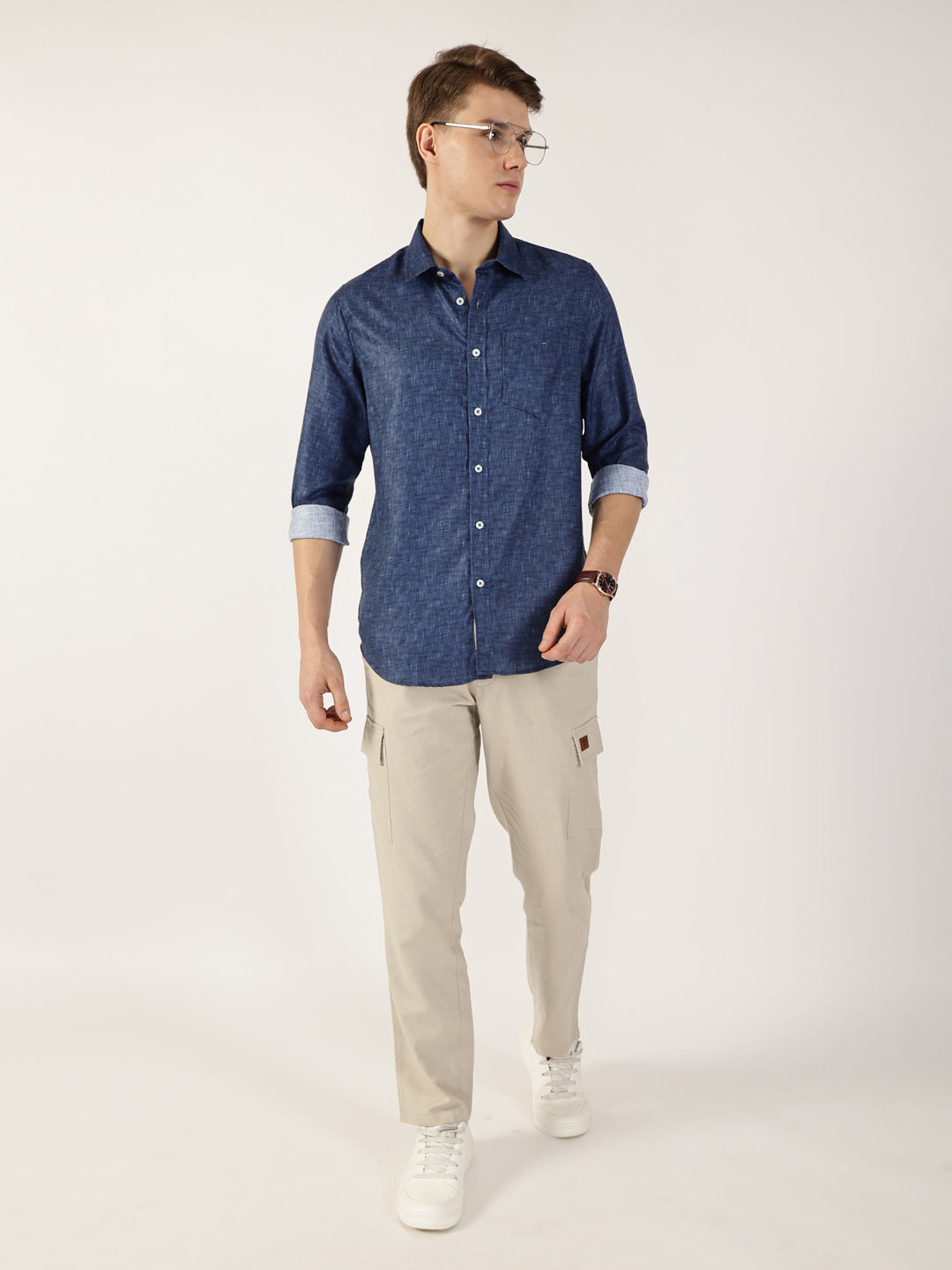 Thomas Scott Men Dark Blue Premium Slim Fit Opaque Casual Shirt