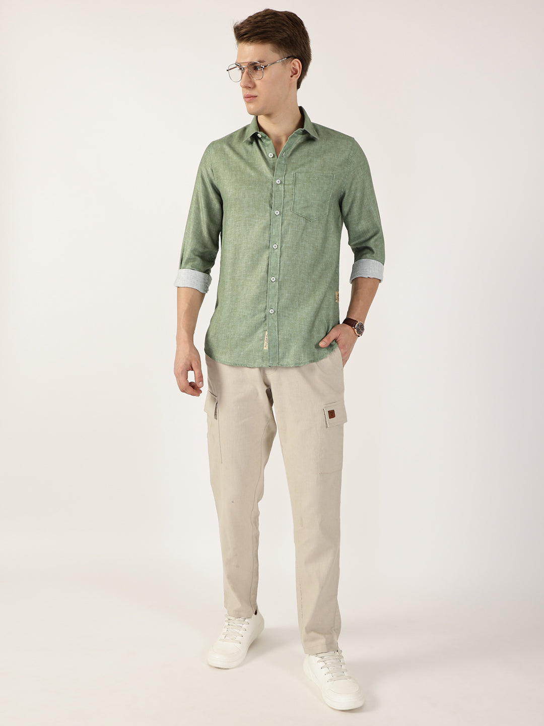 Thomas Scott Men Green Premium Slim Fit Opaque Casual Shirt