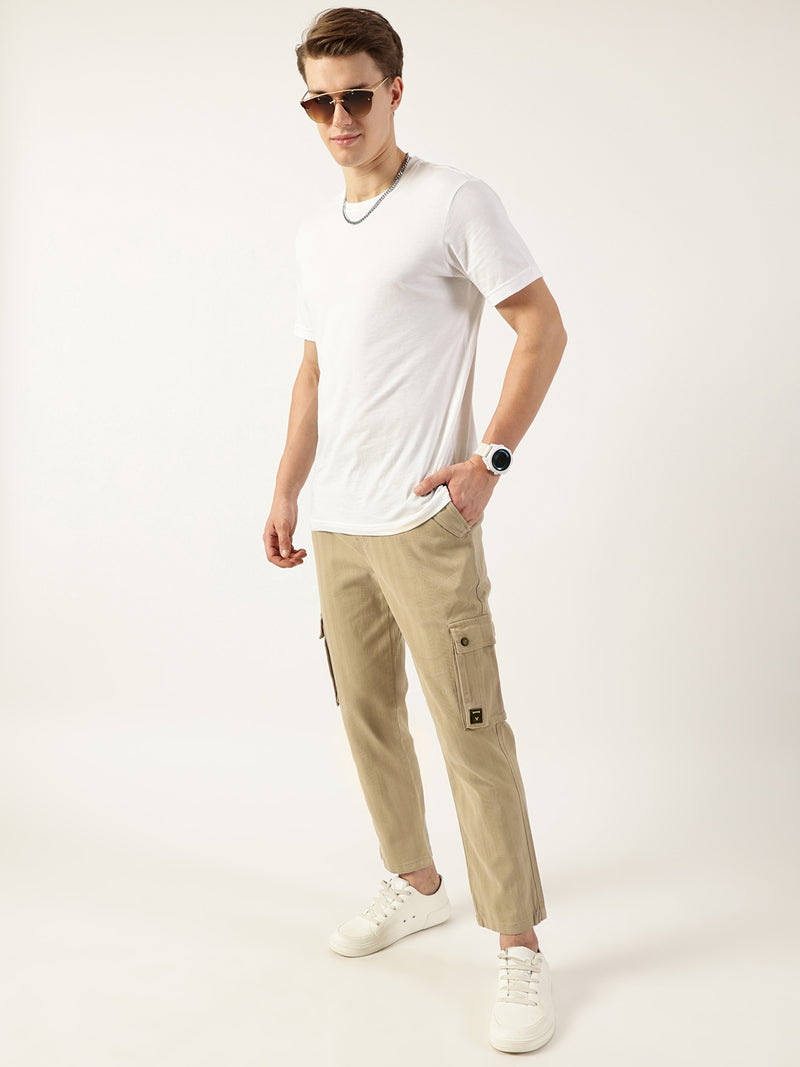 Thomas Scott Men Fawn Relaxed Loose Fit Easy Wash Cargos Trousers