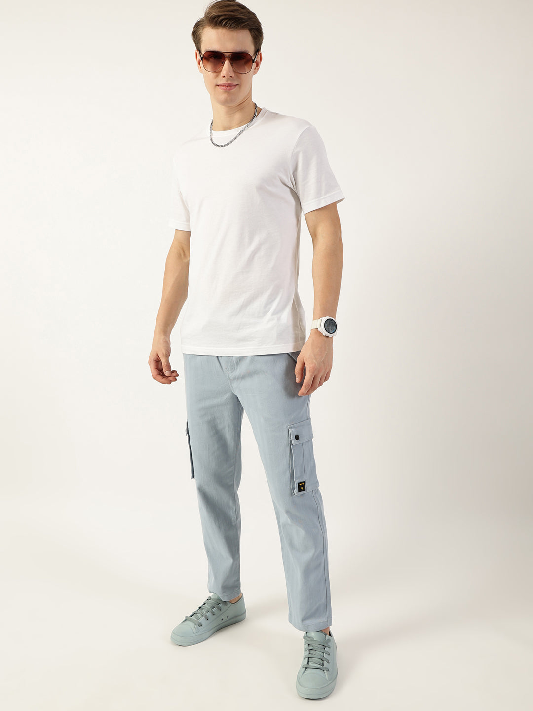 Thomas Scott Men Mid Blue Relaxed Loose Fit Easy Wash Cargos Trousers