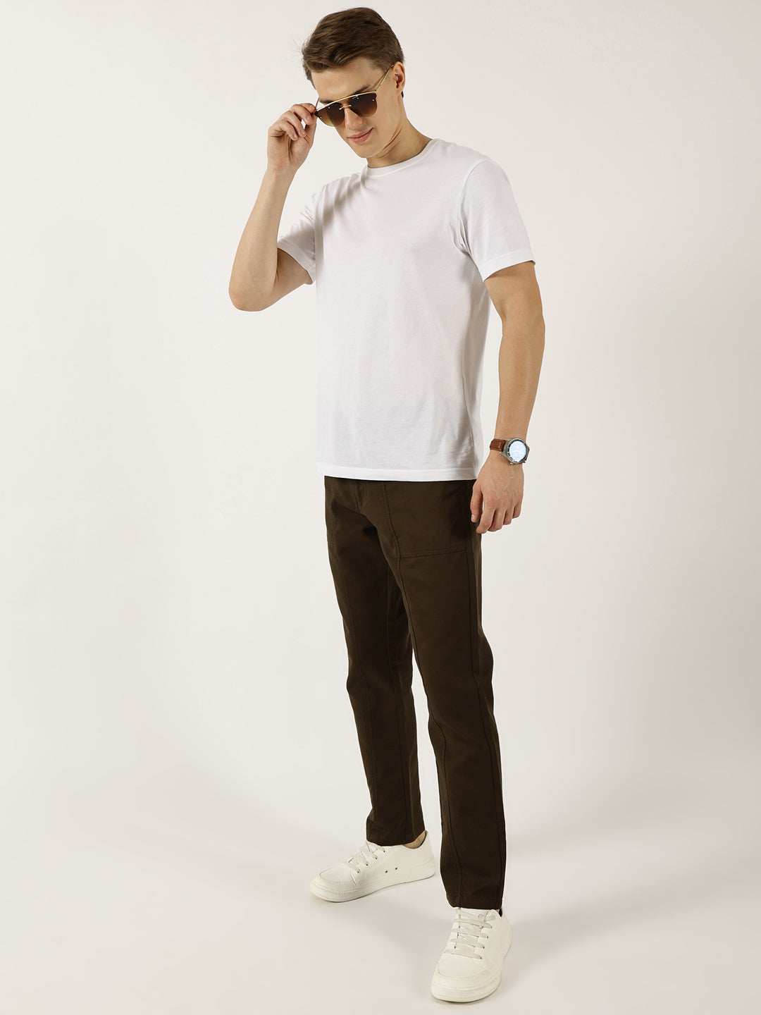 Thomas Scott Men Dark Olive Smart Easy Wash Cargos Trousers