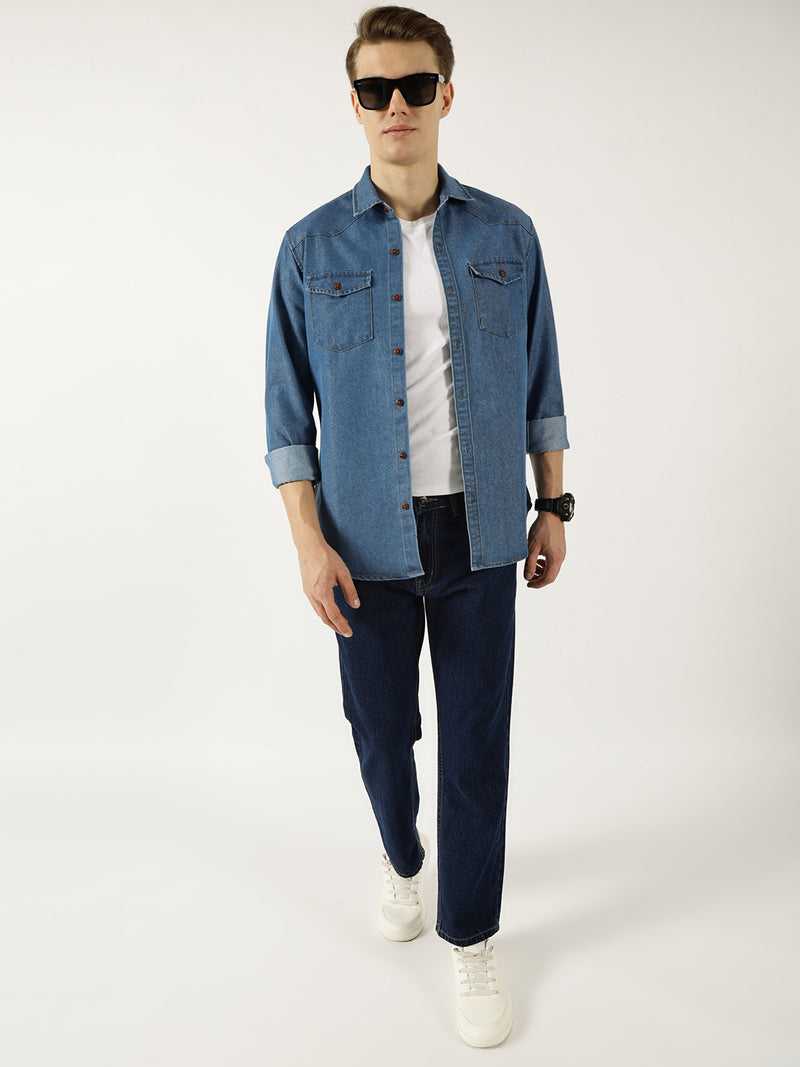 Thomas Scott Men MidBlue Classic Spread Collar Faded Cotton Slim Fit Casual Shirt