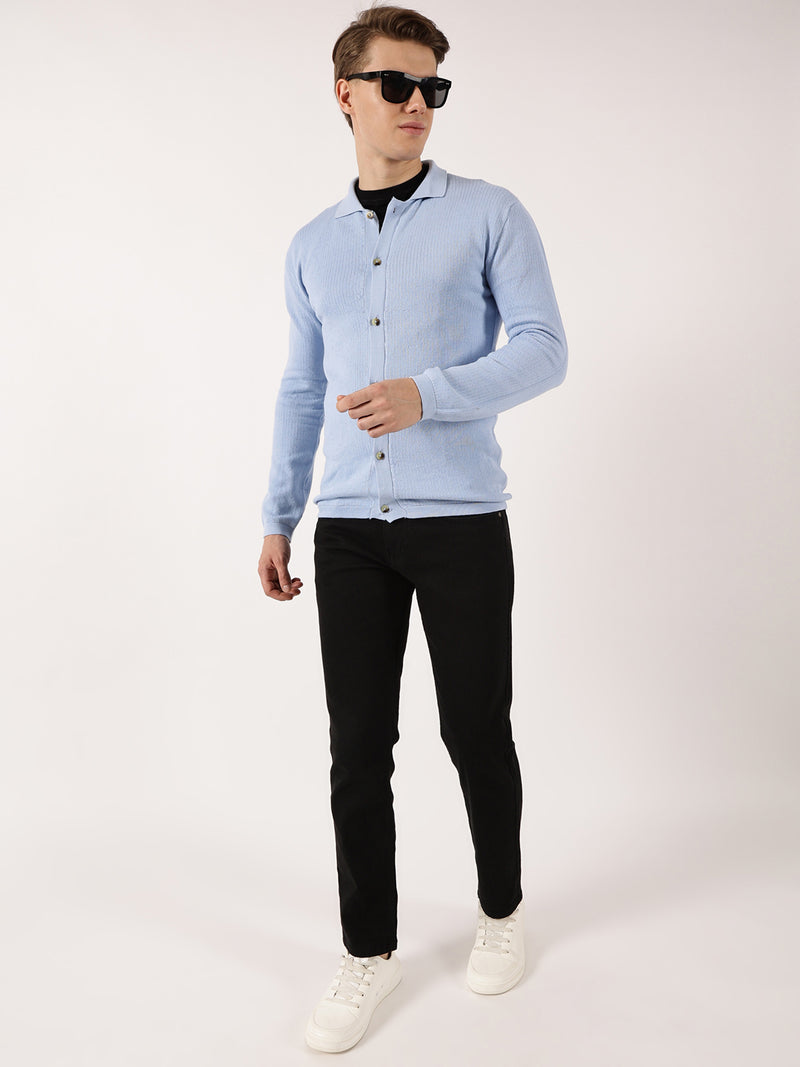 Thomas Scott Men Sky Blue Pure Cotton Ribbed Shirt Collar Cardigan Sweater