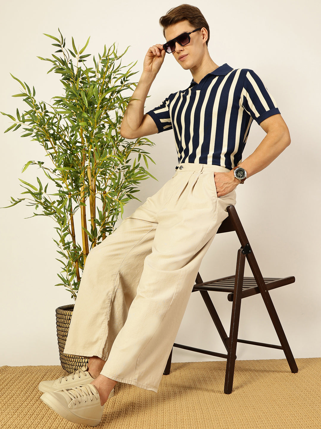 Thomas Scott Men Navy Blue Bio Finish Striped Polo Collar Cotton T-shirt