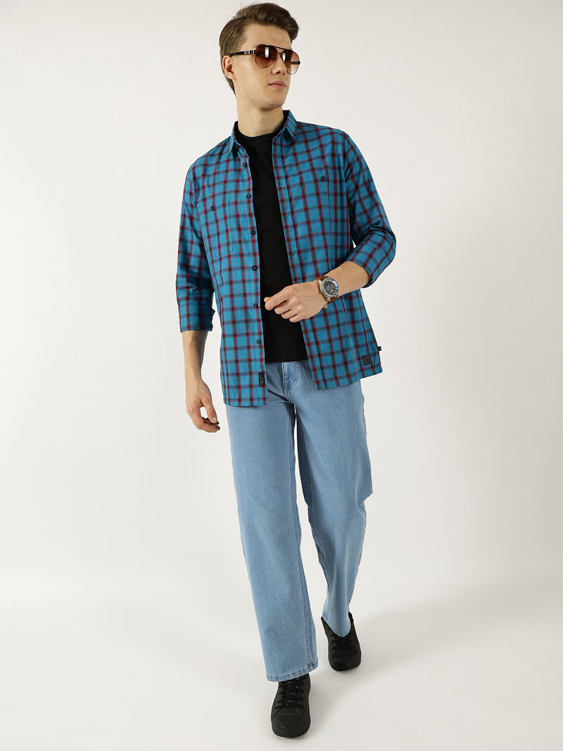 Thomas Scott Men Teal Classic Spread Collar Windowpane Checked Cotton Slim Fit Casual Shirt