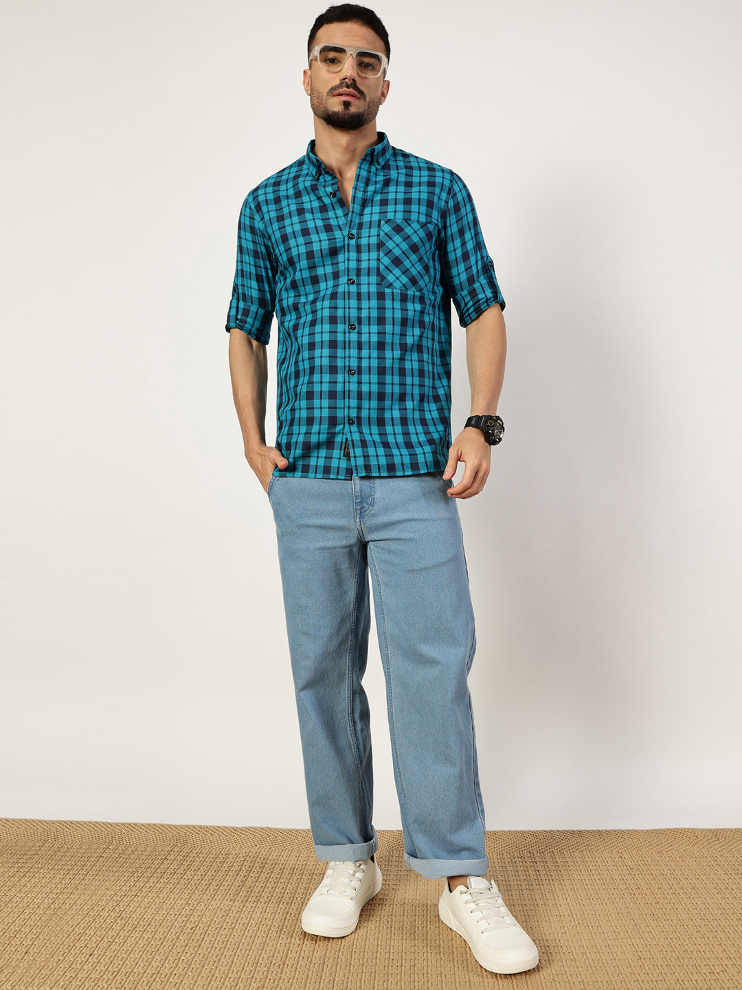 Thomas Scott Men Blue Premium Slim Fit Opaque Checked Casual Shirt