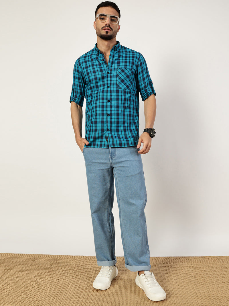 Thomas Scott Men Blue Premium Slim Fit Opaque Checked Casual Shirt