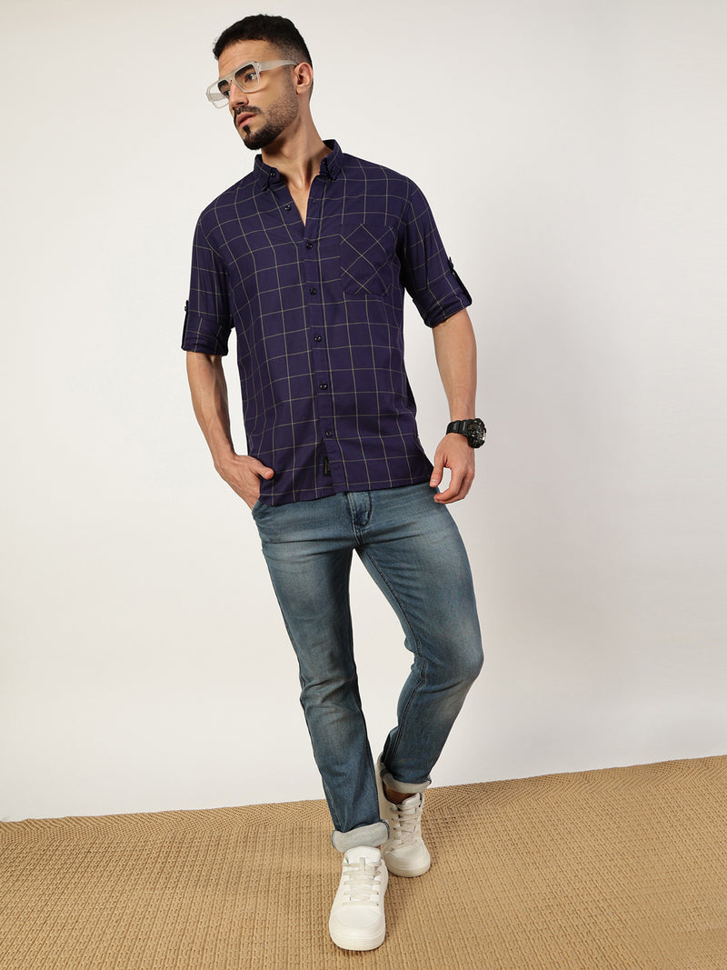 Thomas Scott Men Navy Blue Premium Slim Fit Opaque Checked Casual Shirt
