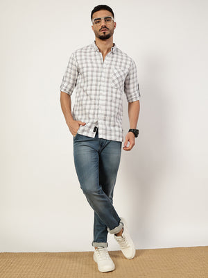 Thomas Scott Men White1 Premium Slim Fit Opaque Checked Casual Shirt