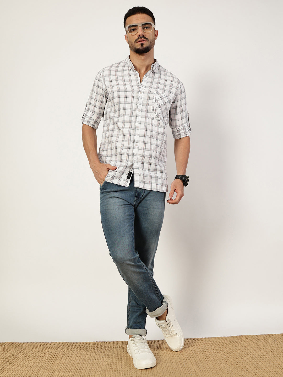 Thomas Scott Men White1 Premium Slim Fit Opaque Checked Casual Shirt