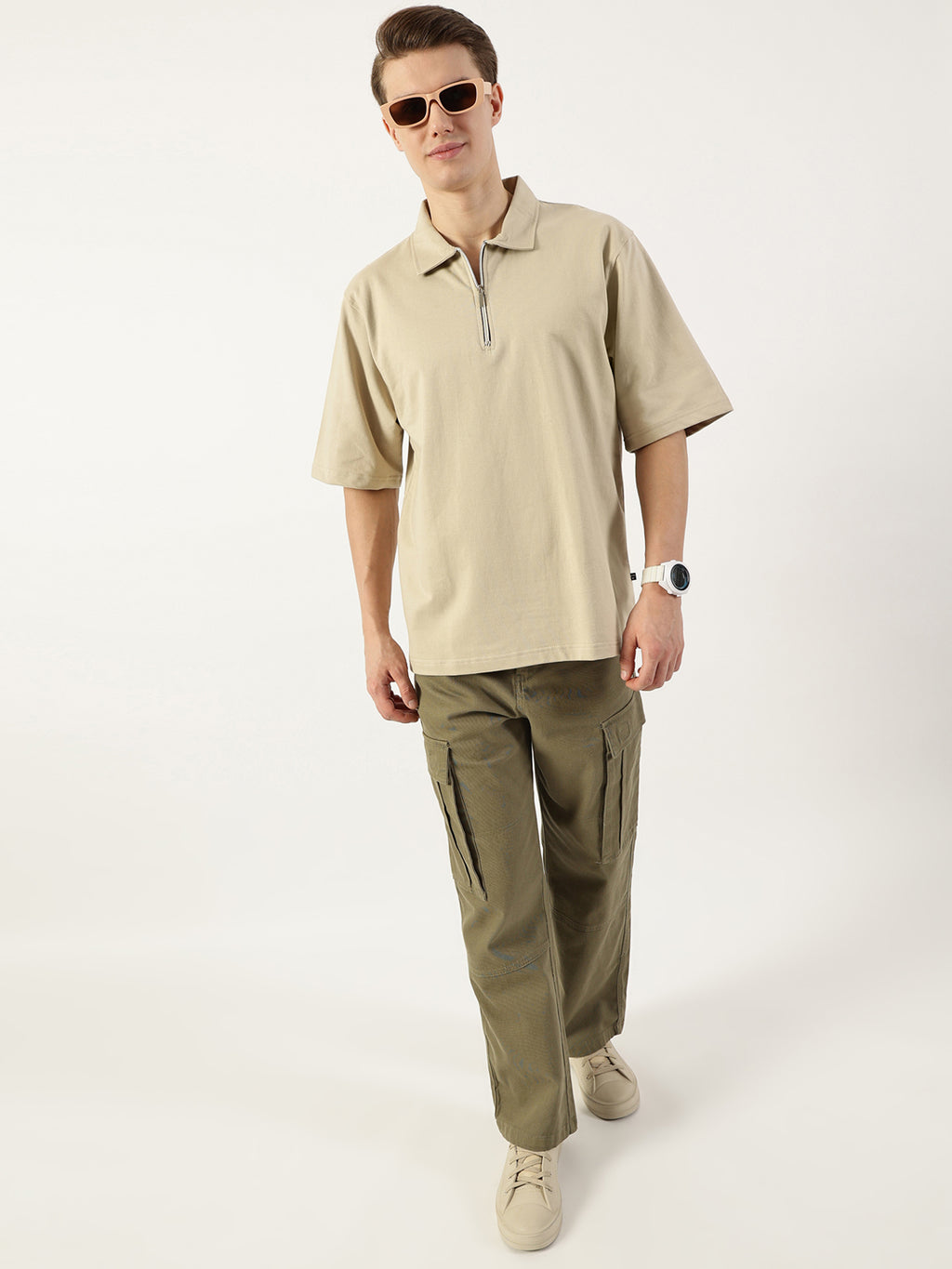 Thomas Scott Men Beige Polo Collar Bio Finish T-shirt
