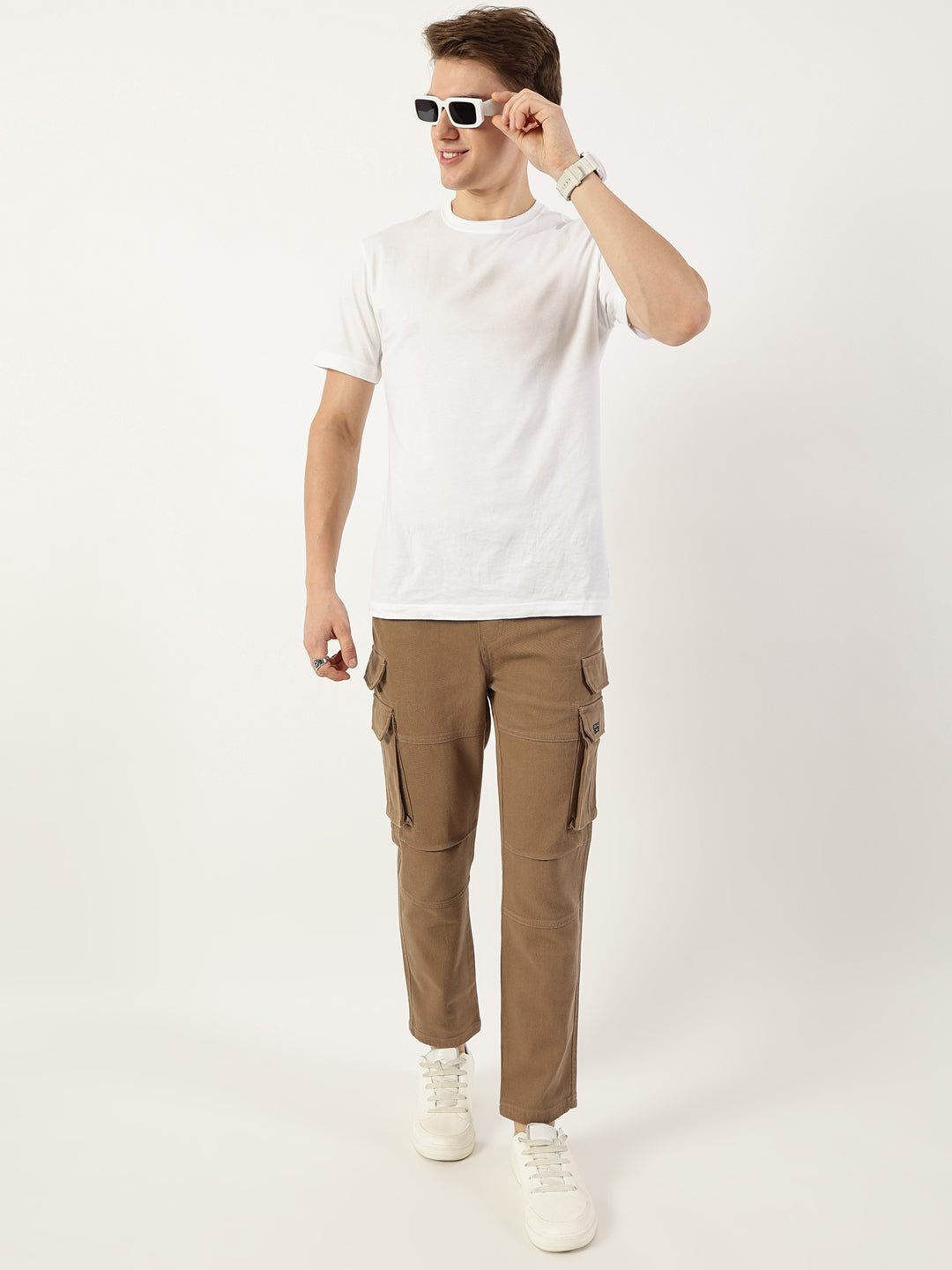 Thomas Scott Men Khaki Relaxed Straight Fit Cargos Trousers