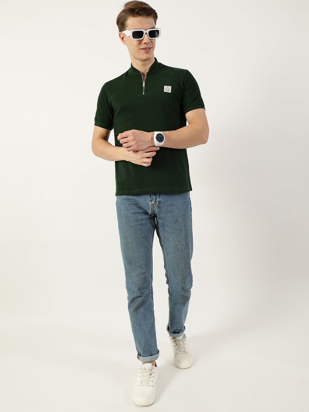 Thomas Scott Men Bottle Green Mandarin Collar T-shirt