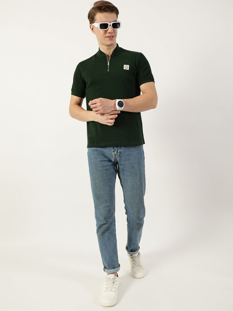 Thomas Scott Men Bottle Green Mandarin Collar T-shirt