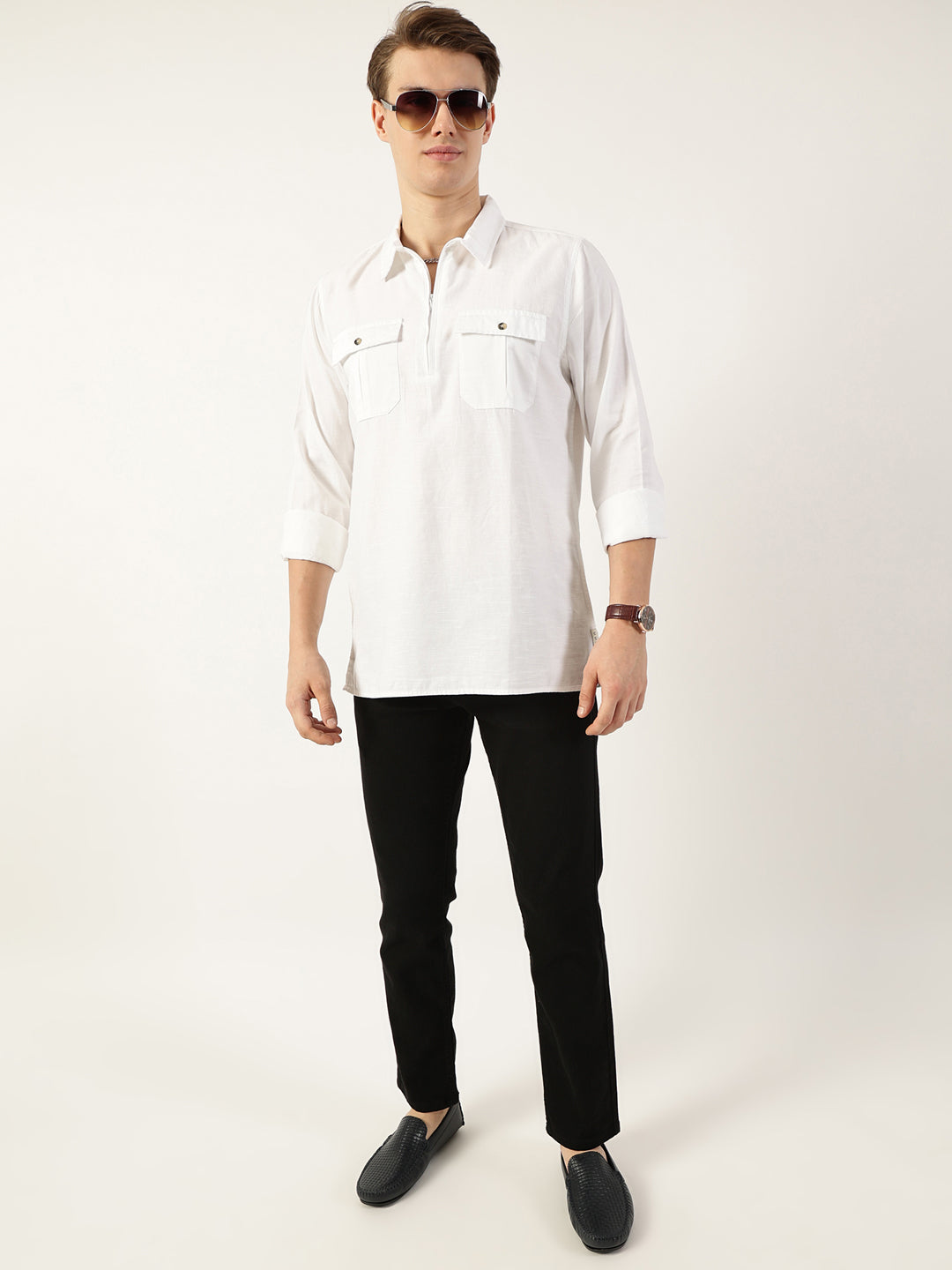 Thomas Scott Men White Classic Spread Collar Solid Cotton Casual Shirt