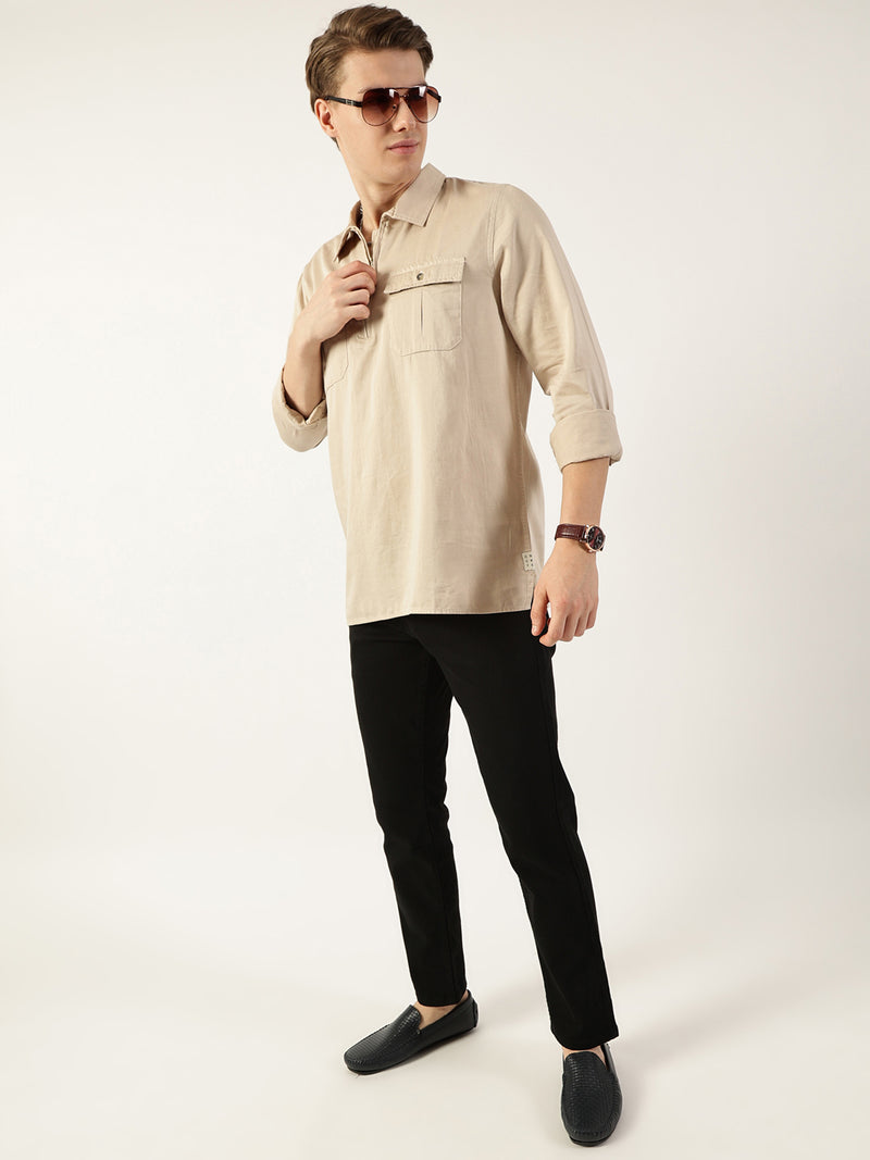Thomas Scott Men Beige Classic Spread Collar Solid Cotton Casual Shirt