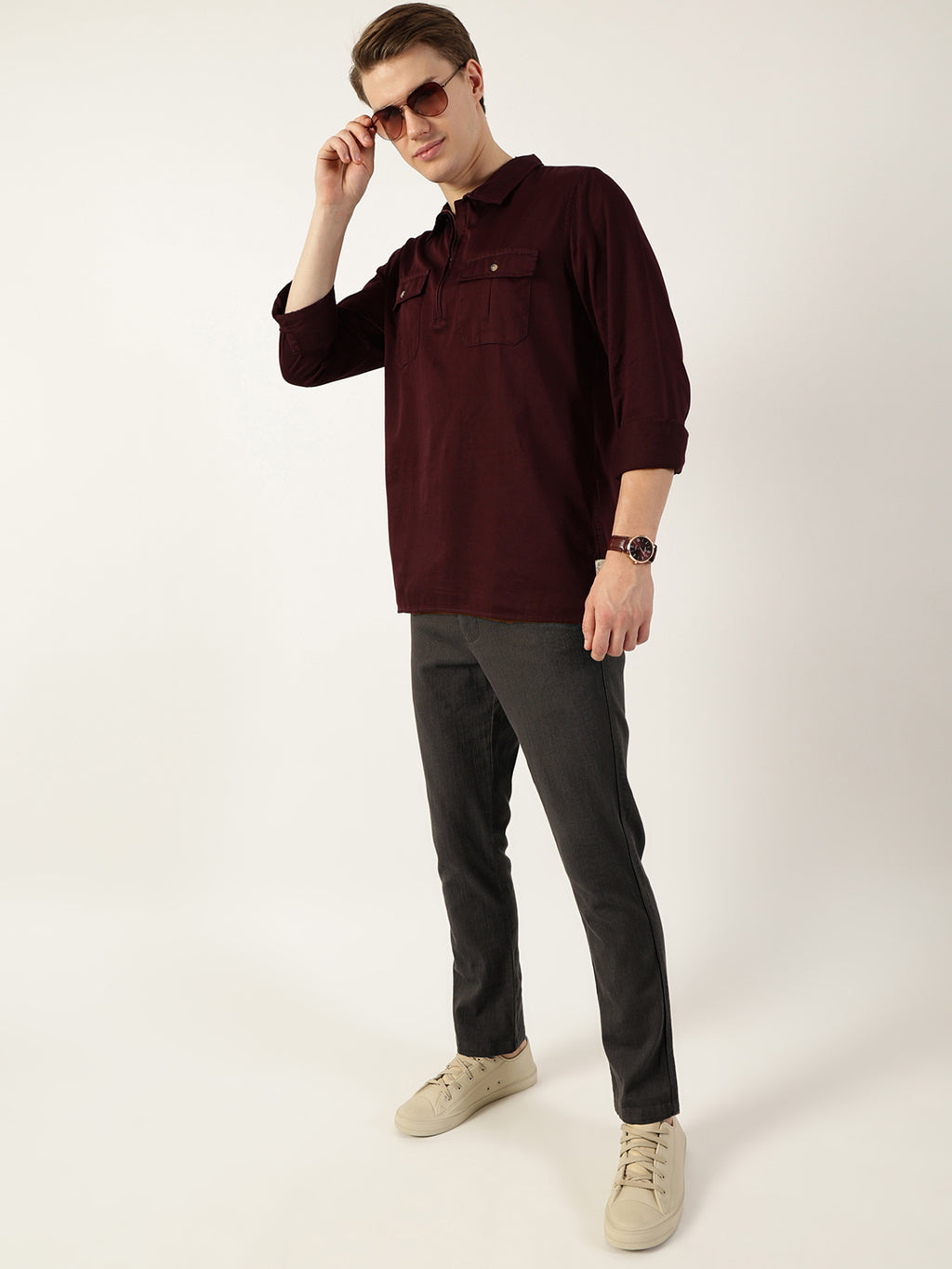 Thomas Scott Men Wine Classic Spread Collar Solid Cotton Casual Shirt