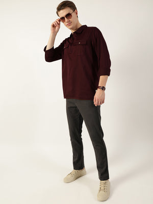 Thomas Scott Men Wine Classic Spread Collar Solid Cotton Casual Shirt