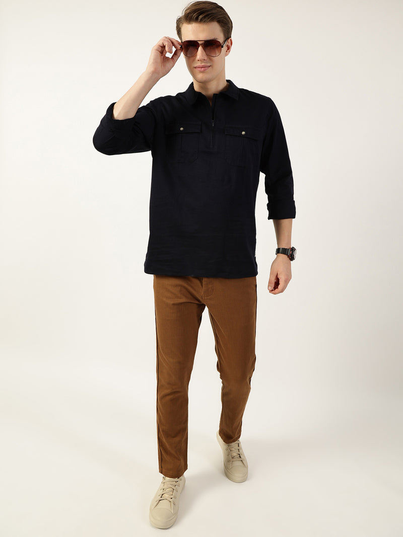 Thomas Scott Men Navy Classic Spread Collar Solid Cotton Casual Shirt