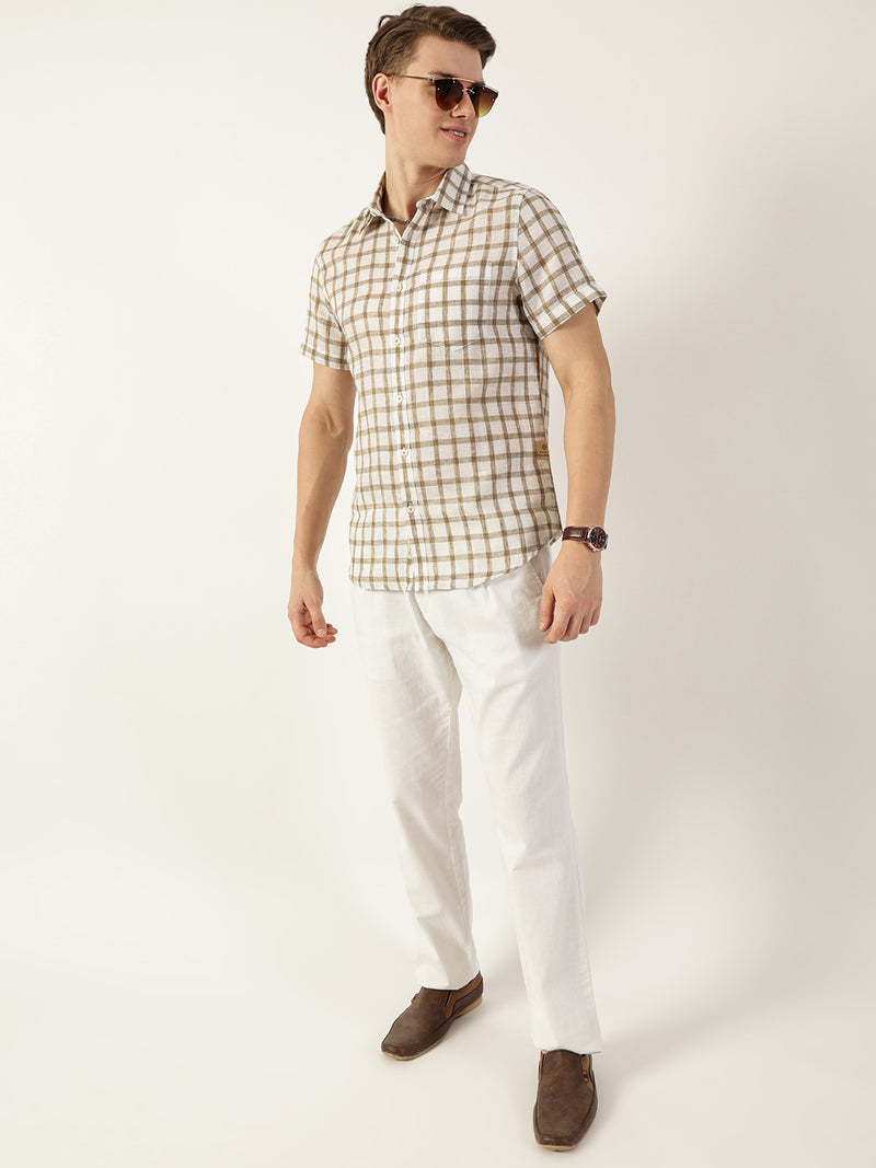 Thomas Scott Men Brown Premium Spread Collar Checked Linen Slim Fit Casual Shirt