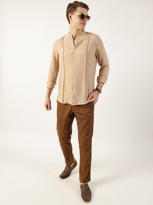Beige Premium Mandarin Collar Textured Solid Slim Fit Casual Shirt For Men