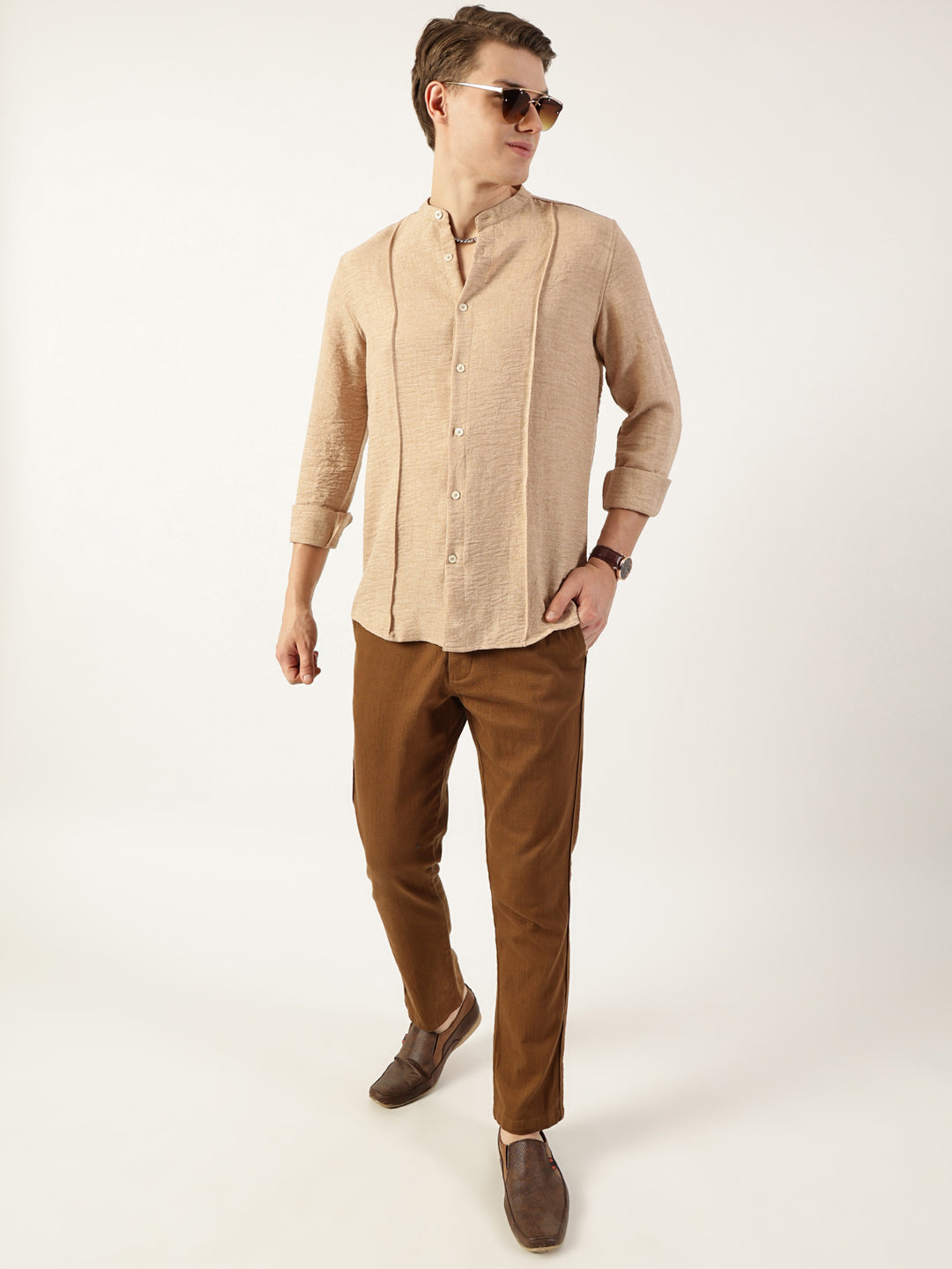 Thomas Scott Men Beige Premium Mandarin Collar Textured Solid Slim Fit Casual Shirt