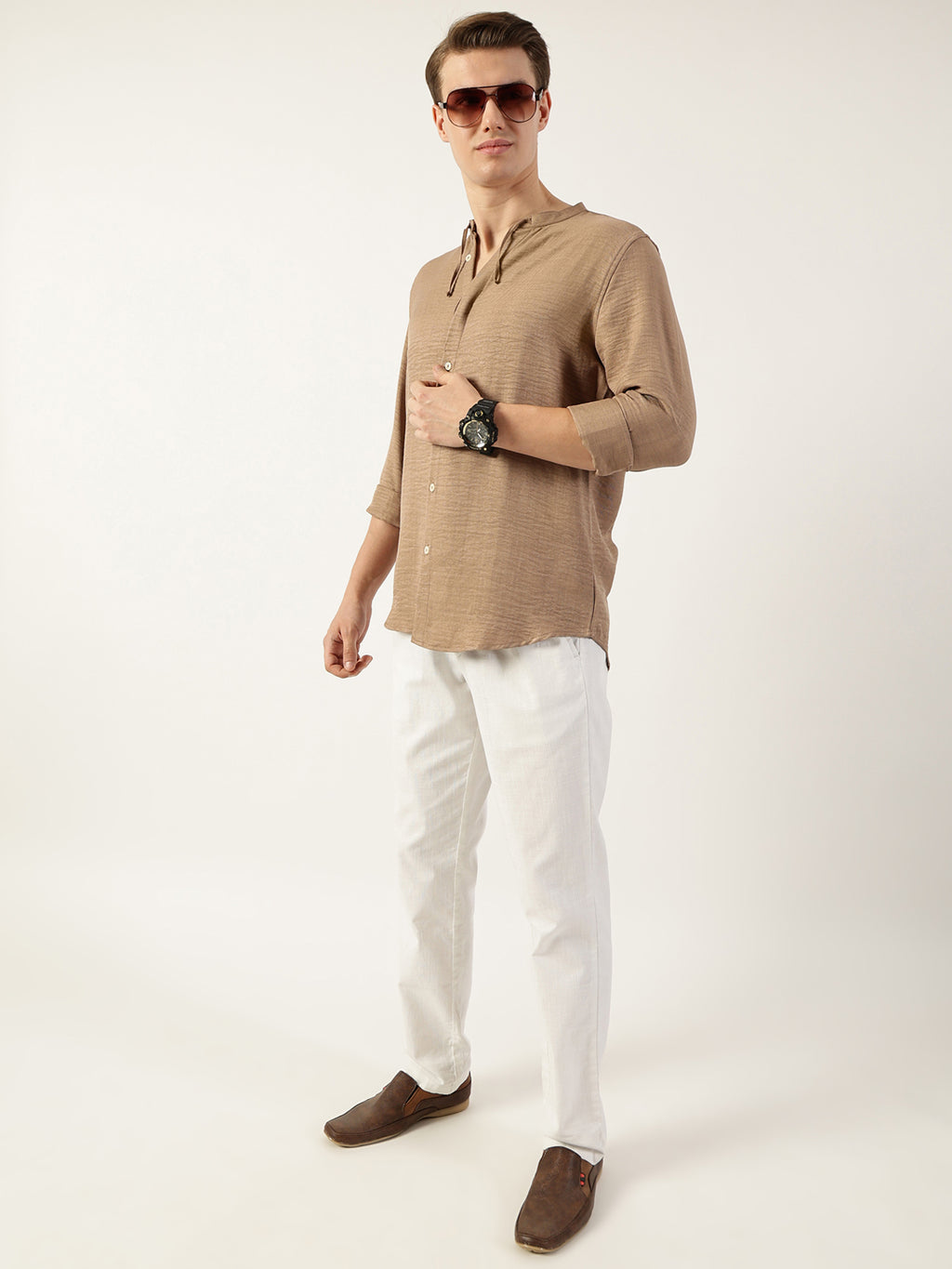 Thomas Scott Men Beige Classic Mandarin Collar Solid Slim Fit Casual Shirt