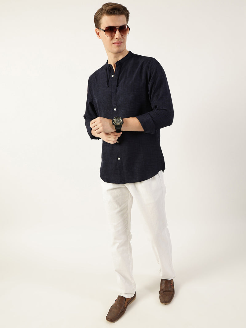 Thomas Scott Men Navy Classic Band Collar Textured Slim Fit Casual Shirt