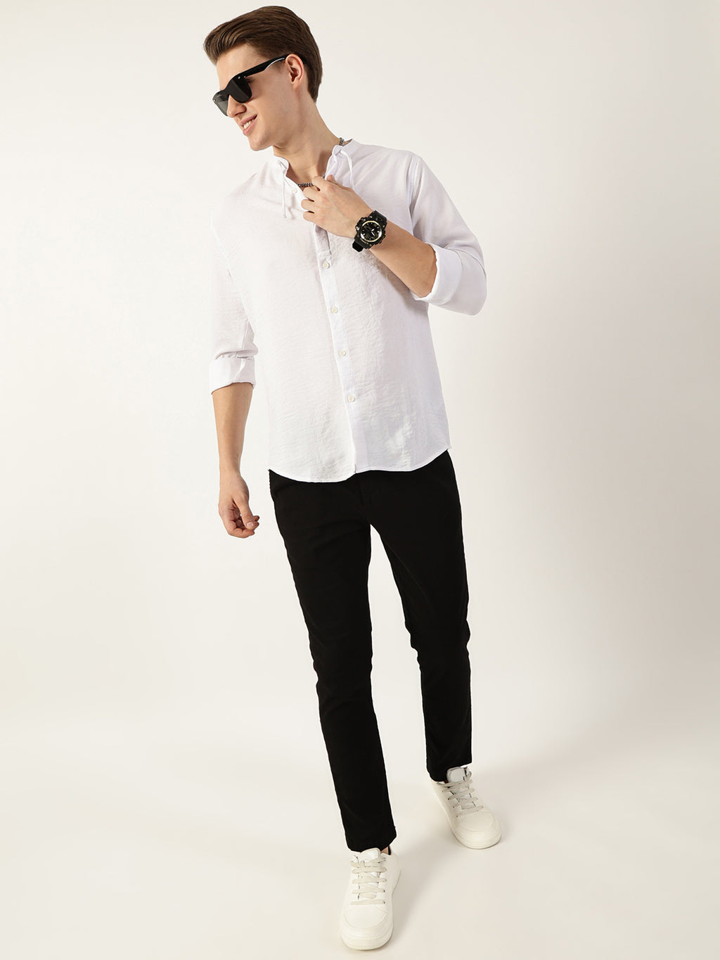 Thomas Scott Men White Classic Mandarin Collar Solid Slim Fit Casual Shirt