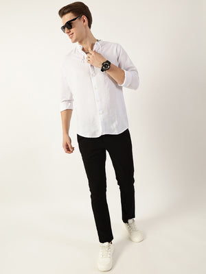 Thomas Scott Men White Classic Mandarin Collar Solid Slim Fit Casual Shirt
