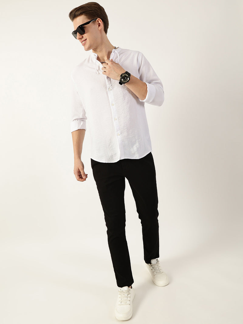 Thomas Scott Men White Classic Mandarin Collar Solid Slim Fit Casual Shirt