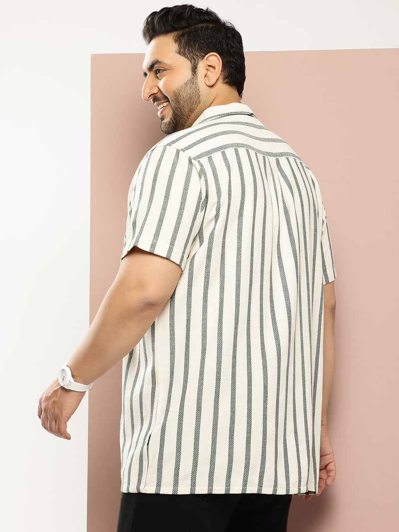Thomas Scott Men B.Green Plus Size Premium Striped Pure Cotton Casual Shirt
