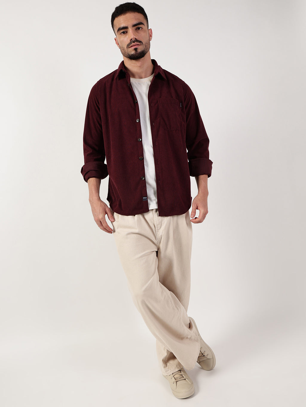 Thomas Scott Men Wine Premium Spread Collar Textured Relaxed Fit Casual Shirt