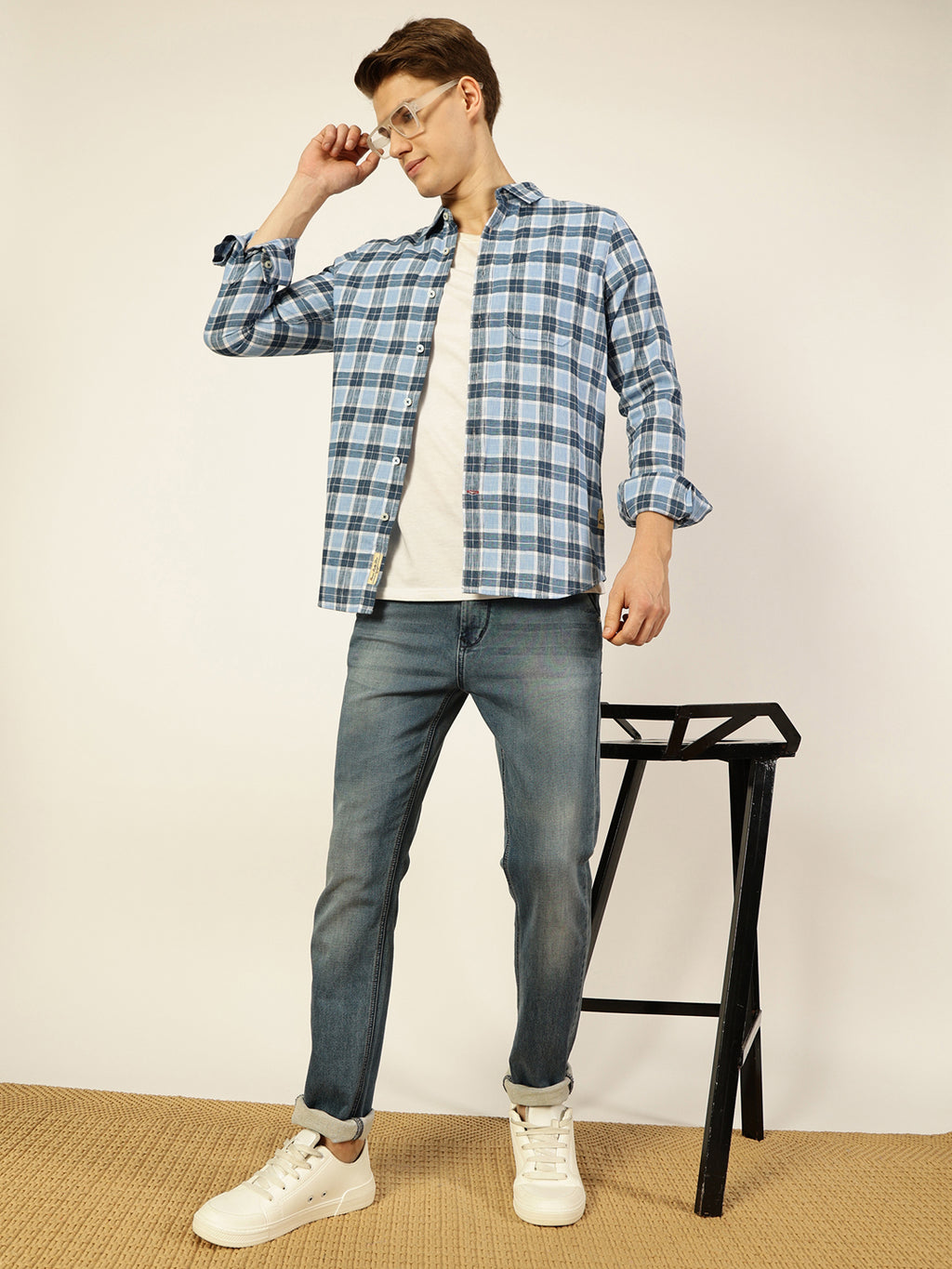 Thomas Scott Men Blue Premium Checked Linen Slim Fit Casual Shirt