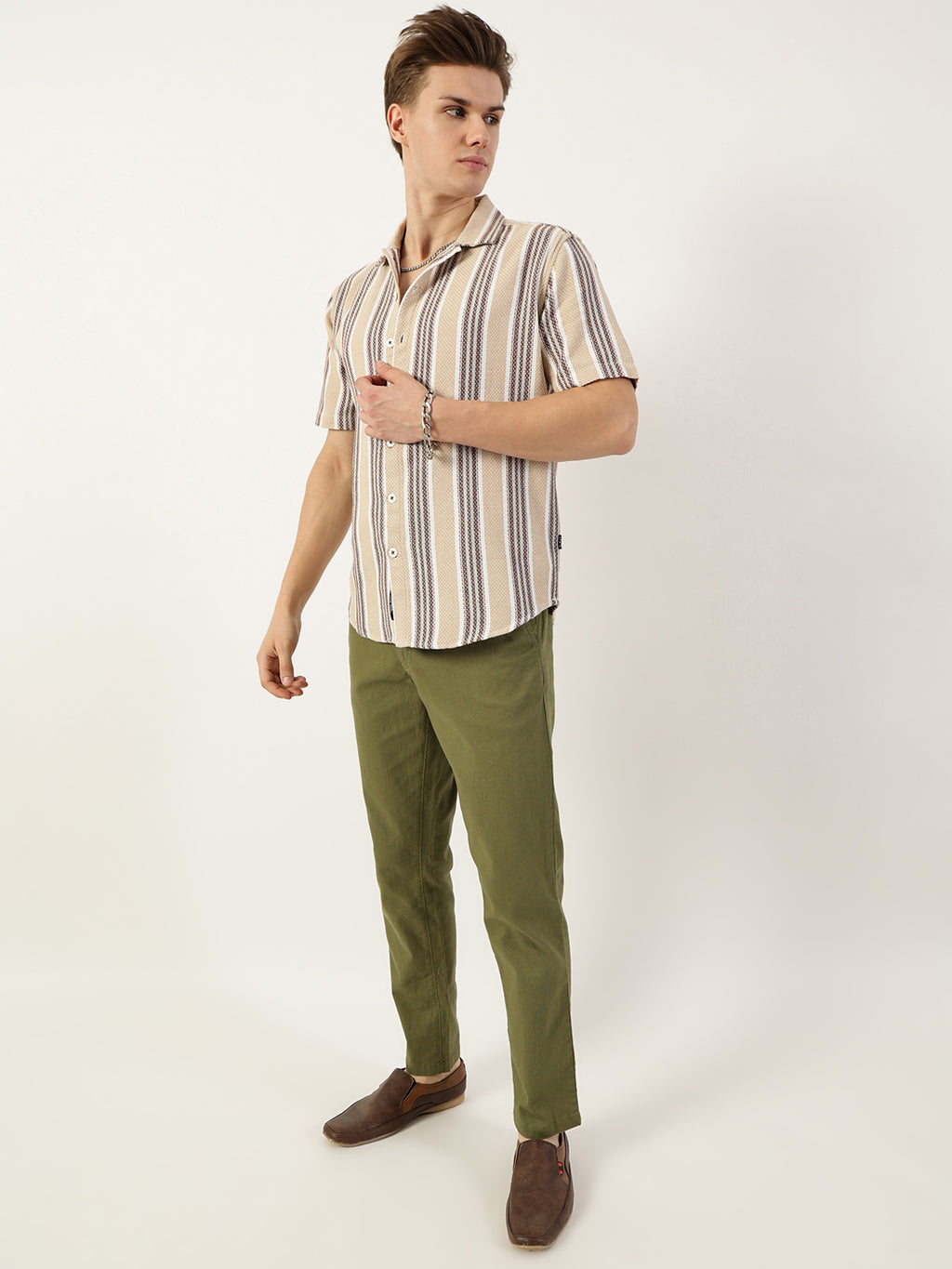 Thomas Scott Men Beige Premium Spread Collar Vertical Striped Cotton Oversized Casual Shirt