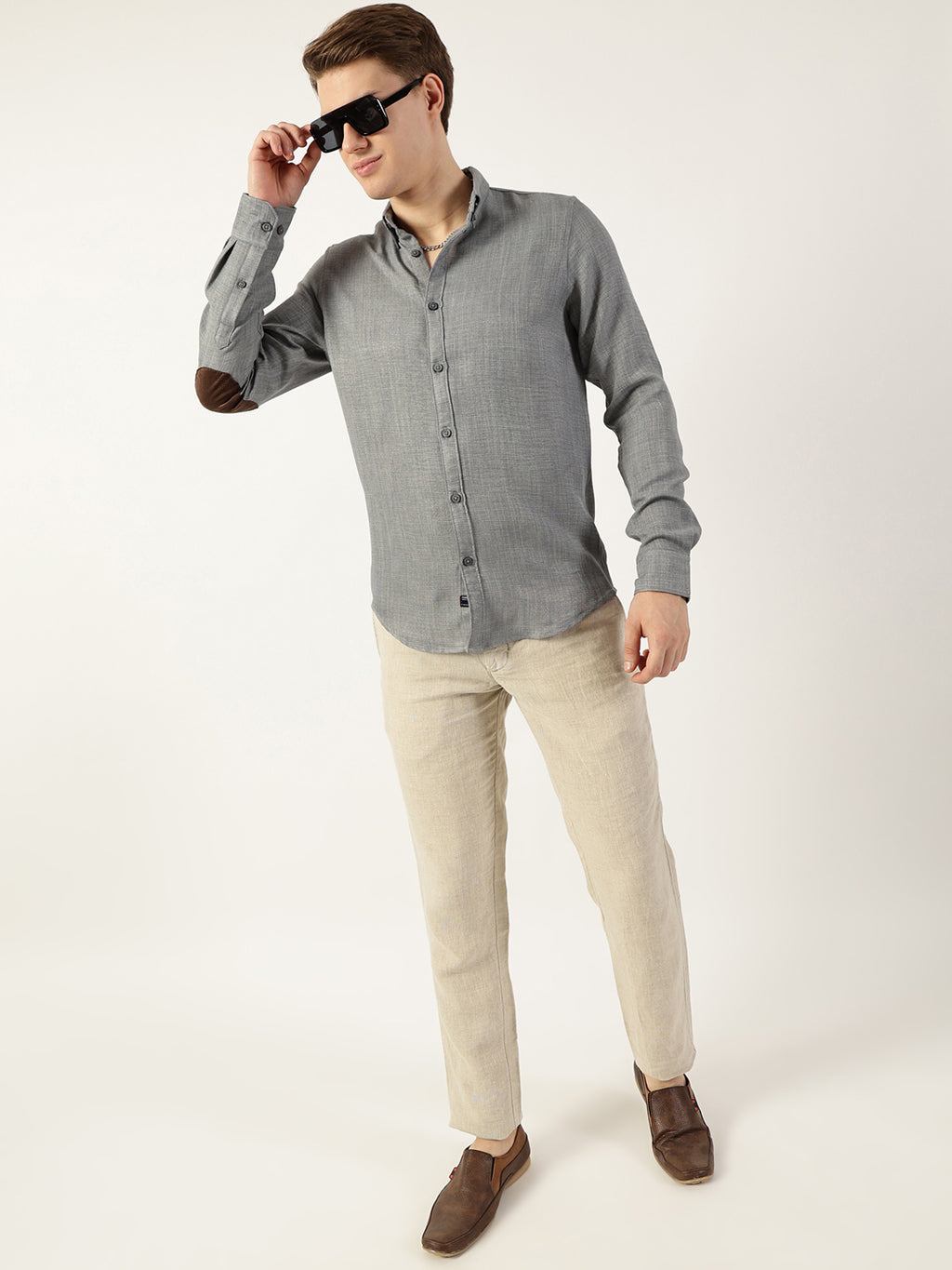 Thomas Scott Men Grey Classic Button-Down Collar Solid Slim Fit Casual Shirt