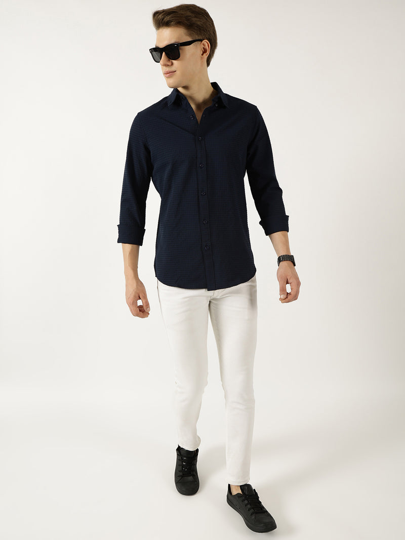 Thomas Scott Men Navy Classic Spread Collar Textured Solid Slim Fit Casual Shirt